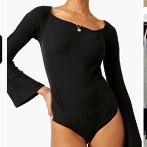 free people | on a cloud black ribbed thermal flare sleeve womens bodysuit sz XL